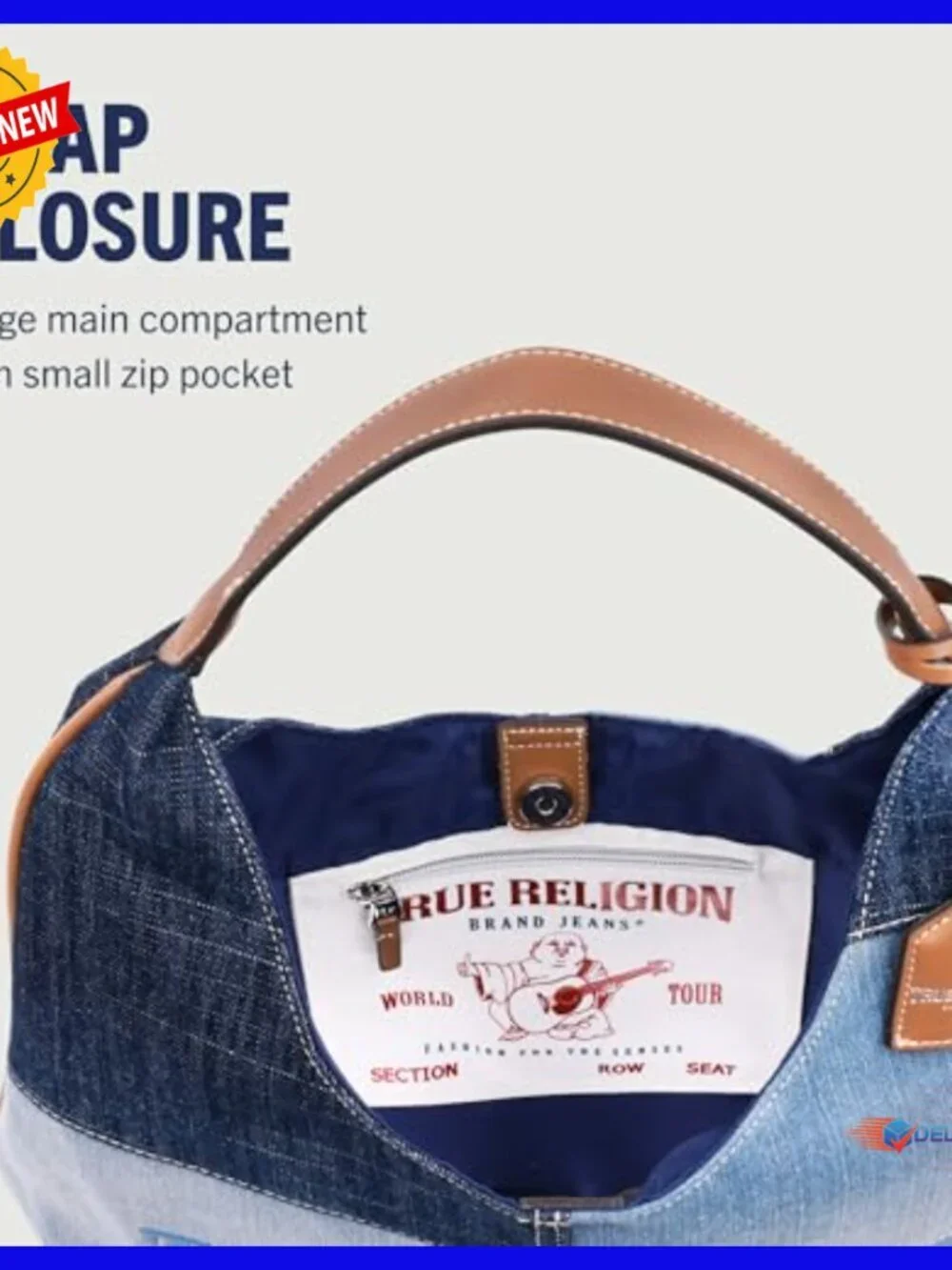 Patchwork Denim Hobo Bag, Oversized Logo, Magnetic Closure, Shoulder Purse
